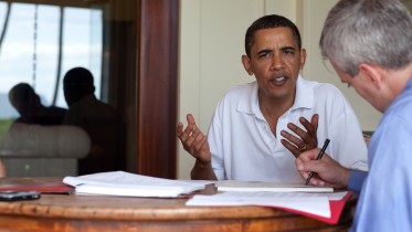 President Barack Obama meets with NSC chief of staff Denis McDonough about updates concerning the attempted terrorist on Christmas Day. This briefing occurred in Kailua, Hawaii on Dec. 29, 2009. The President has received updates throughout his vacation since the incident.
(Official White House photo by Pete Souza)
